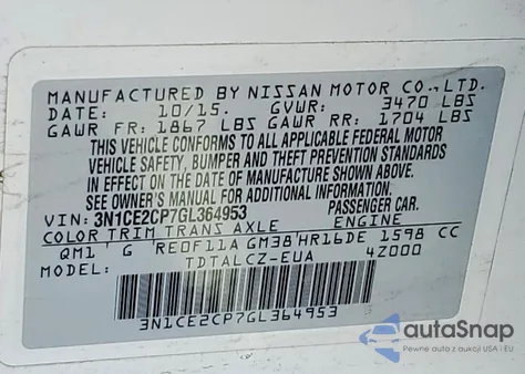 2016 Nissan Versa Note S Plus z USA, uszkodzony, nr VIN 3N1CE2CP7GL364953